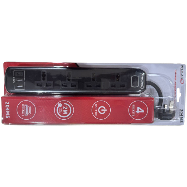 Extension Africab 204MS Black 2 Mtr 4WAY+2USB+Type-C